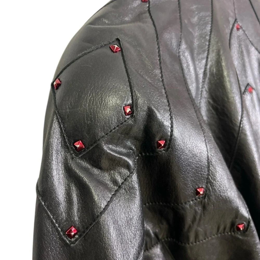 Vintage Junko Koshino Black Leather Jacket Red Glass Studs Shoulder Pads Men 42